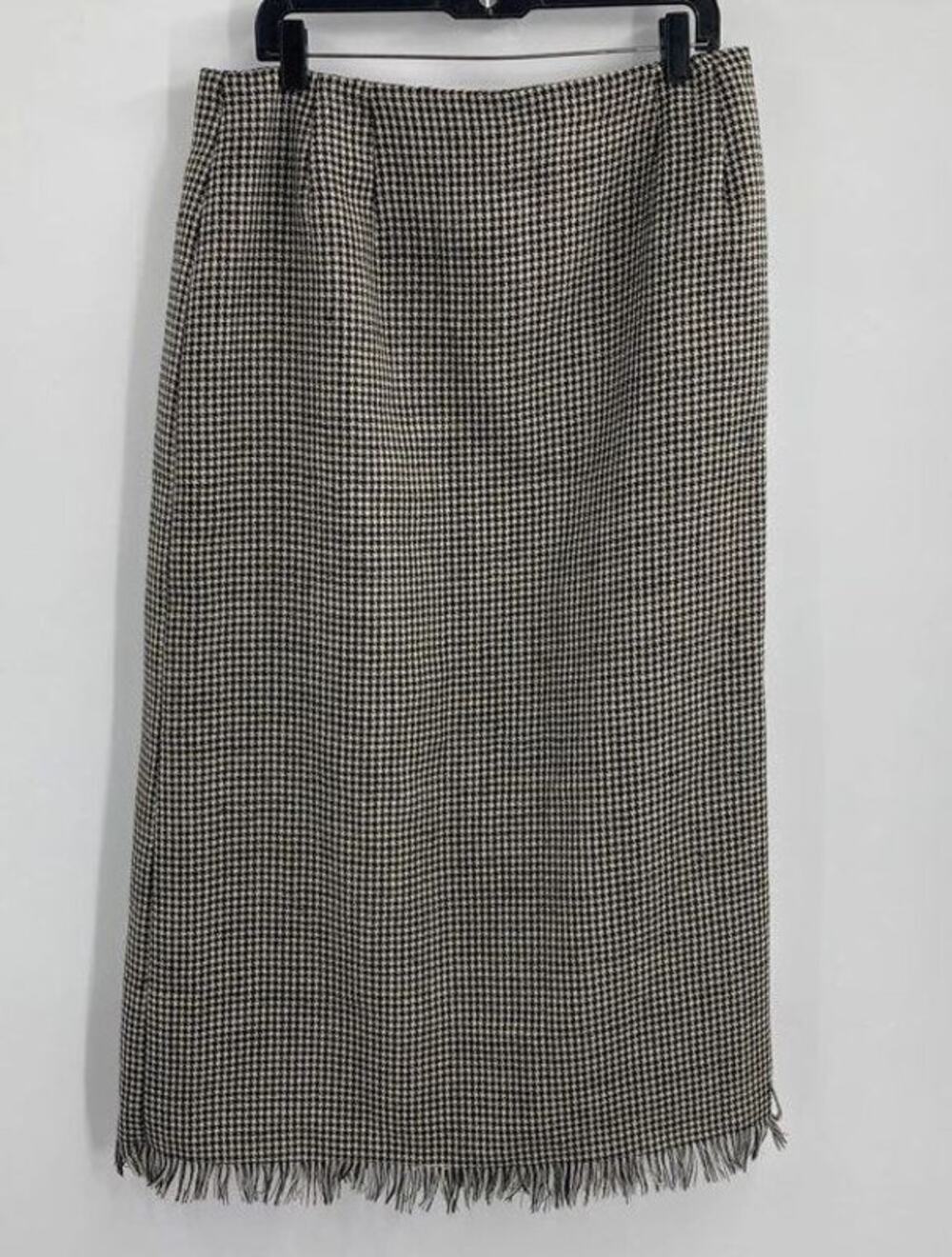Harve Benard Womens Black White Houndstooth 100% Wool Fringe Skirt Sz 16